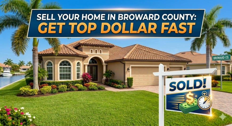 For sale sign in front of a well-prepared home in Broward County Florida